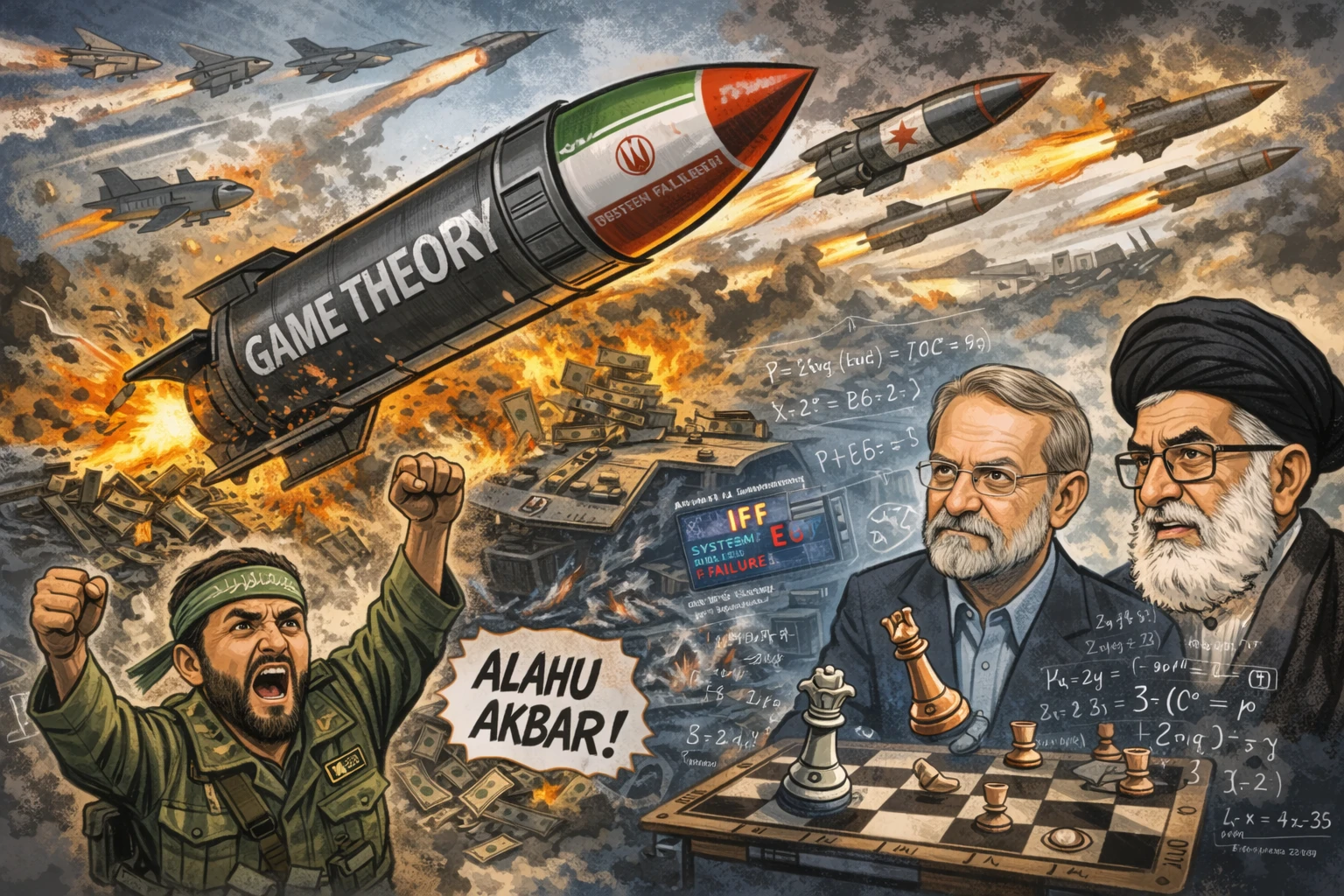 Rudal, Syahadah, dan Game Theory: Strategi Iran Mengguncang Dominasi Militer Amerika. (Karikatur dibuat oleh AI-ChatGPT).